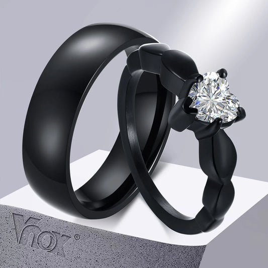 Vnox Romantic Heart CZ Stone Couple Wedding Rings - Black Stainless Steel Engagement Bands for Women & Men | AlluCanFind