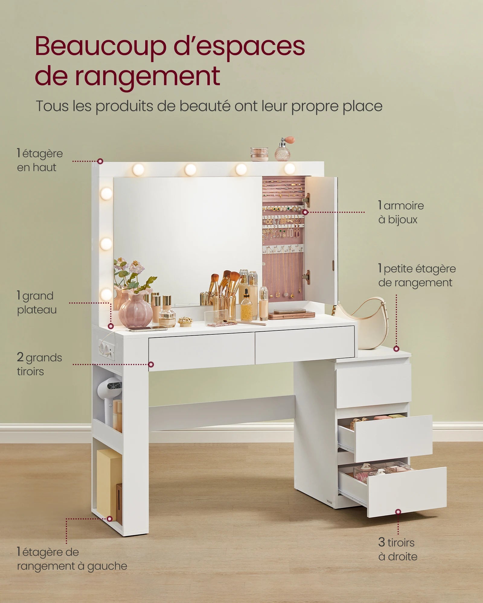 Dressing Table, Makeup Table with Drawer, Power Strip, 40 x 125 x 140 cm, Modern Design, Cloud White