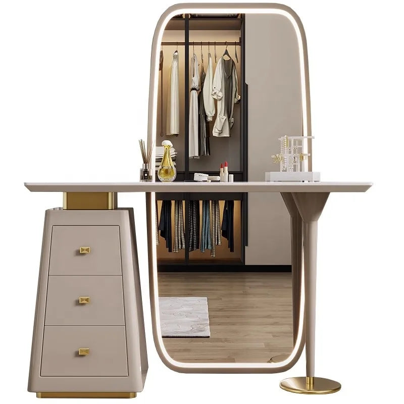 Simple Marble Top Dresser Drawer Dresser Bedroom Drawer Mirror Set Stainless Steel Base Makeup Vanity