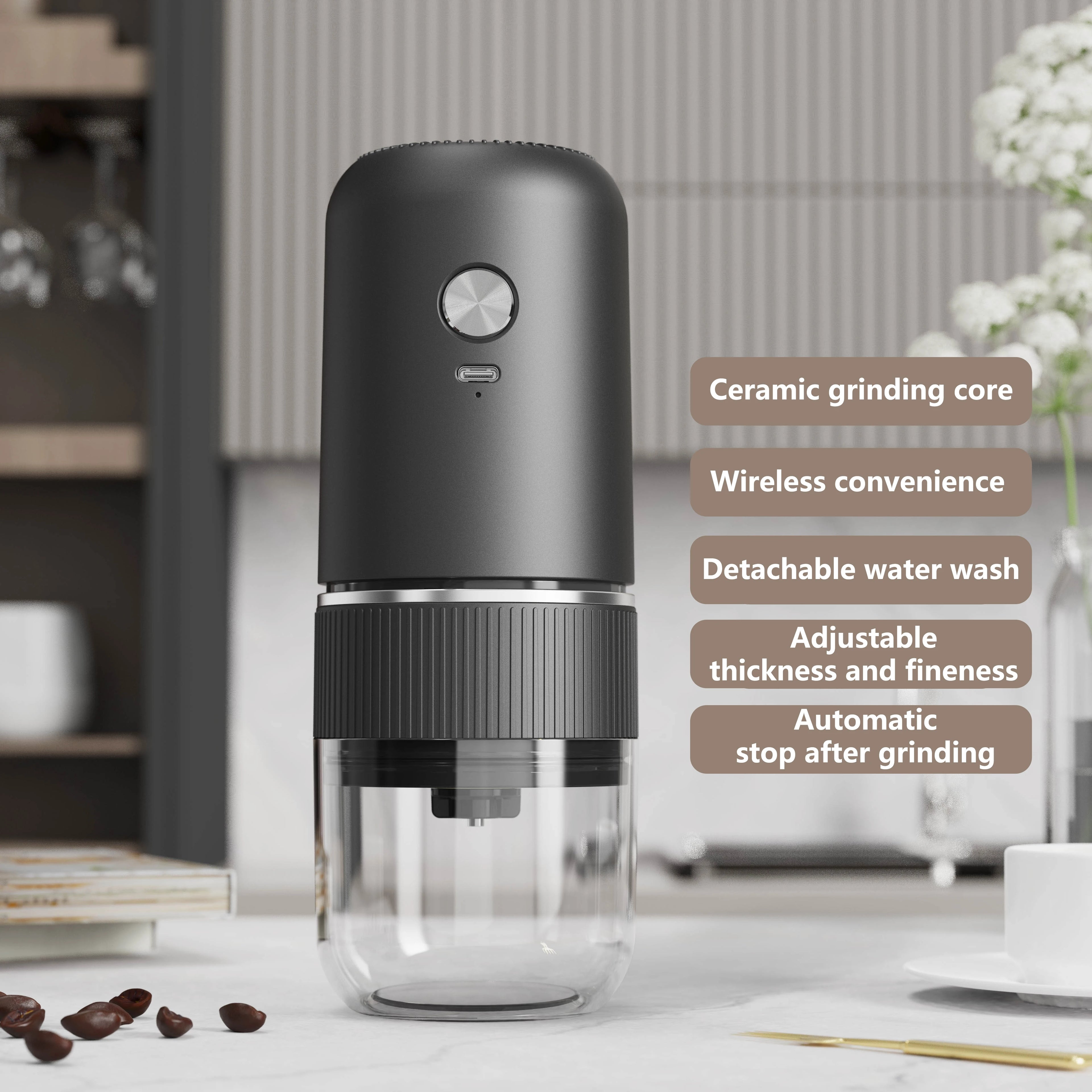 2024 New Electric Coffee Bean Grinder Ceramic Grinding Core Wireless Adjustable Automatic Electric Coffee Grinder Handheld Home