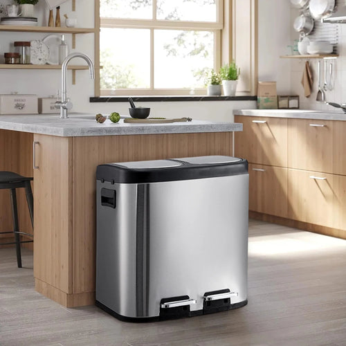 【Lifeideas】30 L/8 Gallon Trash Can, Rectangular Dual Compartment Recycling Step Bin, Stainless Steel Kitchen Trash Can