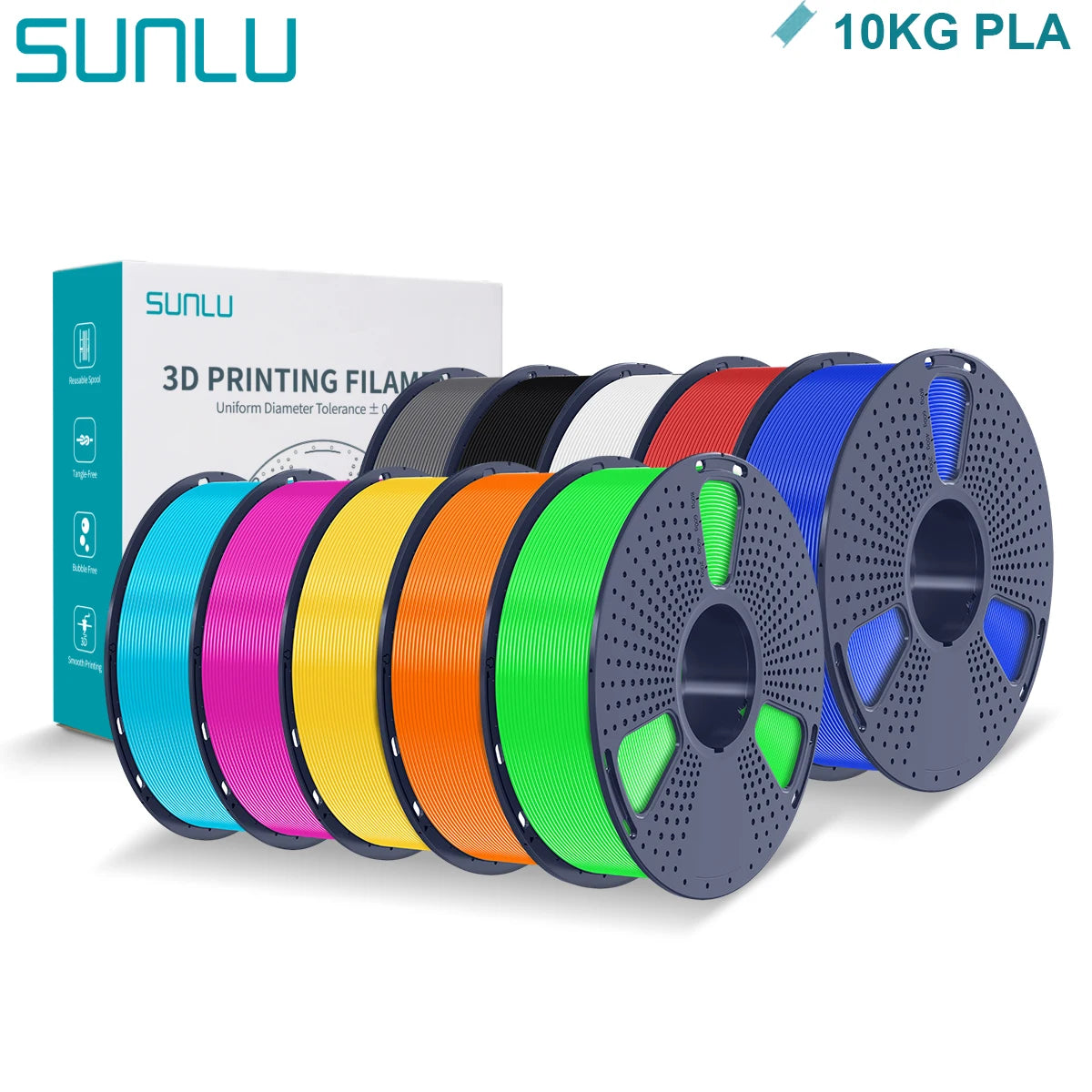 SUNLU PLA 3D Printer Filament 1.75mm - 10 Rolls x 1KG | Neatly Wound