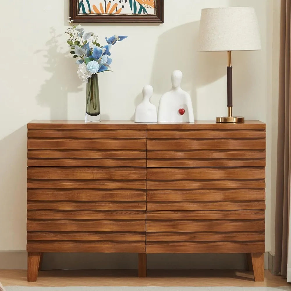 Solid Wood Face 6 Drawer Dresser,Mid Century Modern Dresser with Chest,Flutted Chest of Drawers with Moire Patten for Bedroom,