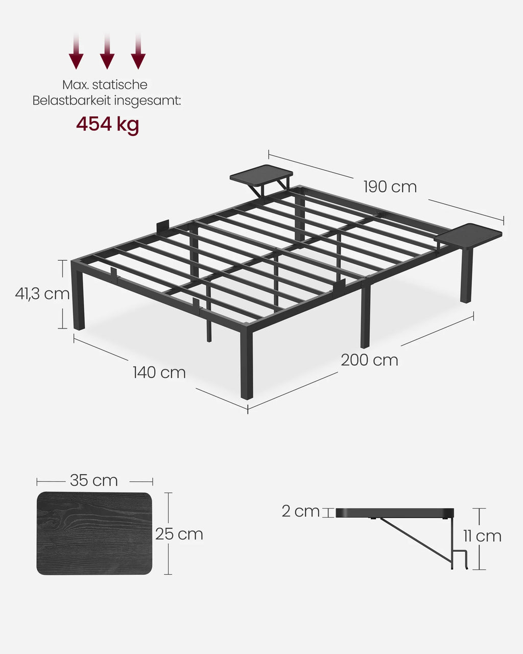 VASAGLE Double bed frame, bed frame, metal bed frame, with storage shelves, guest bed