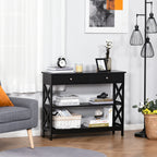 HOMCOM Console Table Side Desk Shelves Drawers Open Top X Support Hallway Black