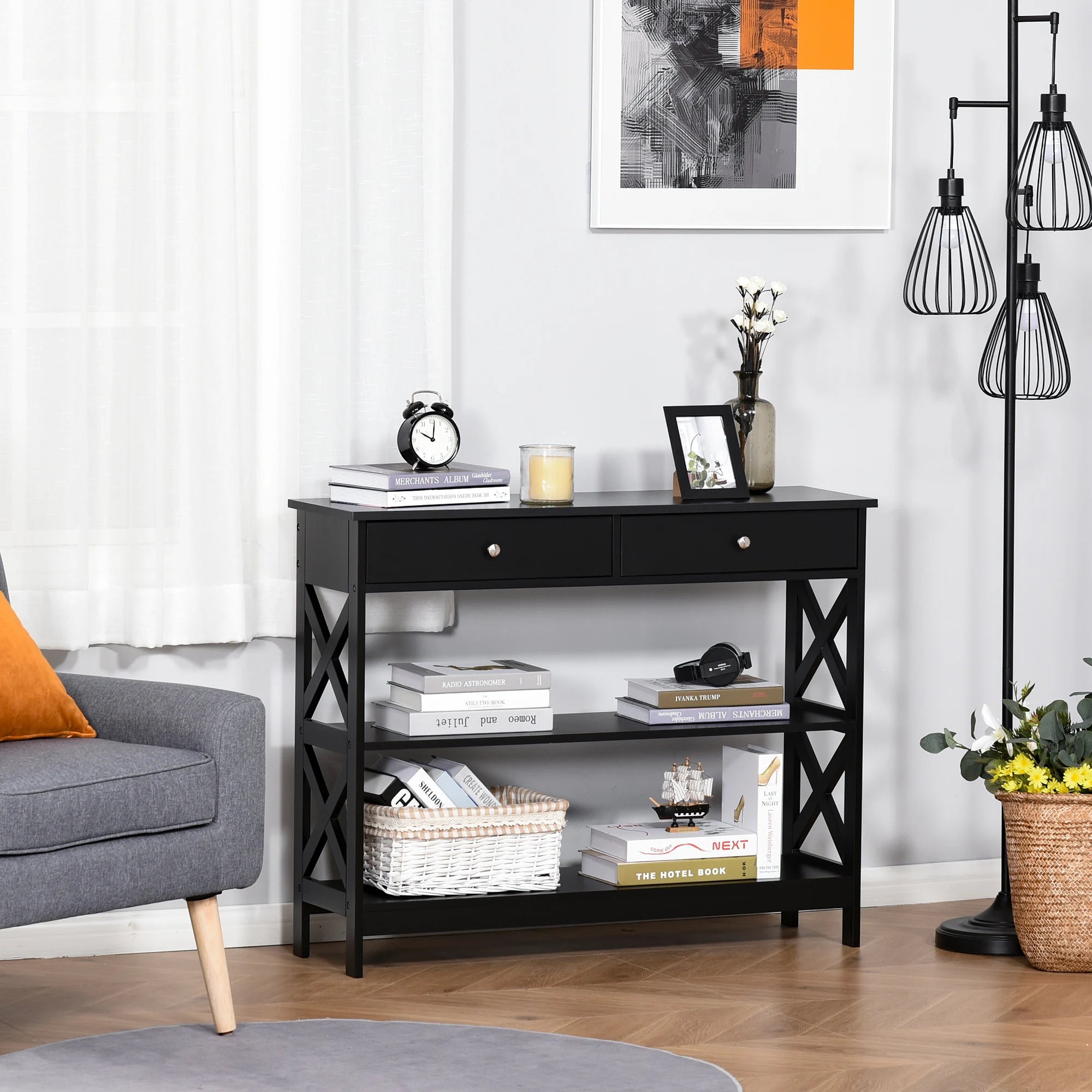 HOMCOM Console Table Side Desk Shelves Drawers Open Top X Support Hallway Black