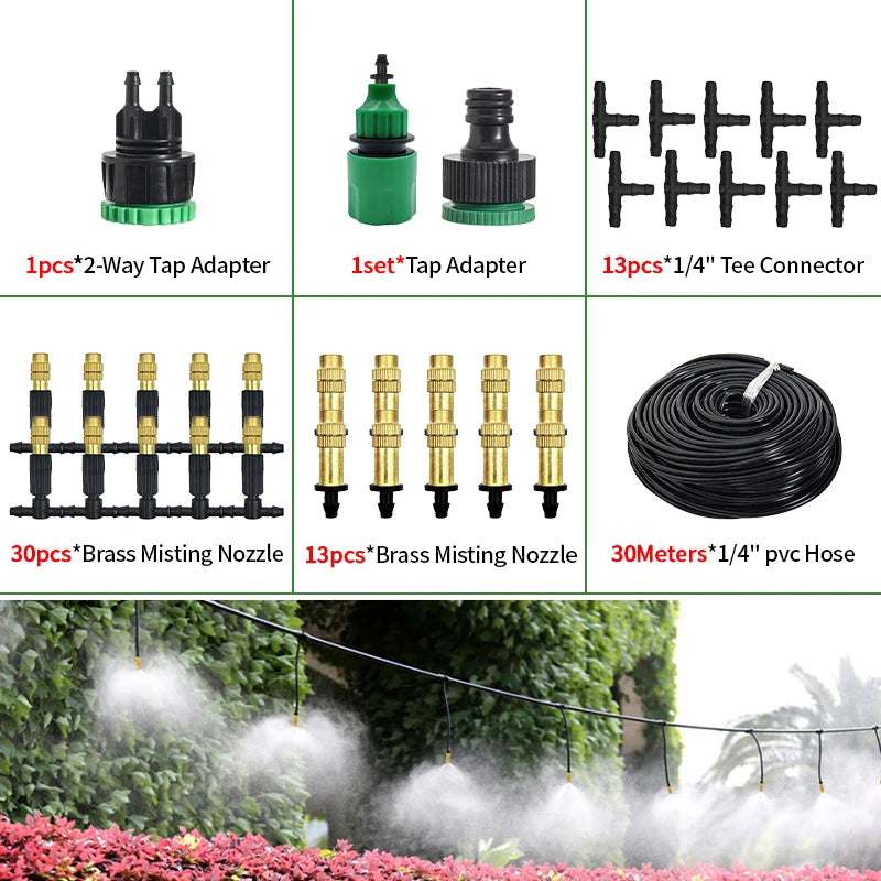 10-30M Outdoor Misting Cooling System 4/7PVC Garden Irrigation Watering Adjustable 1/4'' Brass Atomizer Nozzles Micro Sprinklers