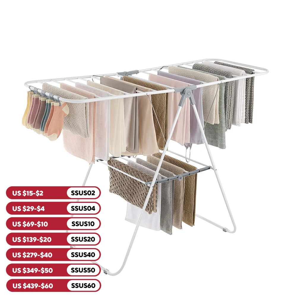 SONGMICS Clothes Drying Rack, With Sock Clips, Metal Laundry Rack, Foldable, Space-Saving, Free-Standing Airer, With Height-A