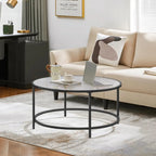 36" Round Glass Coffee Table, Black Circle Coffee Table Center Table with Glass Top, Small Coffee Table