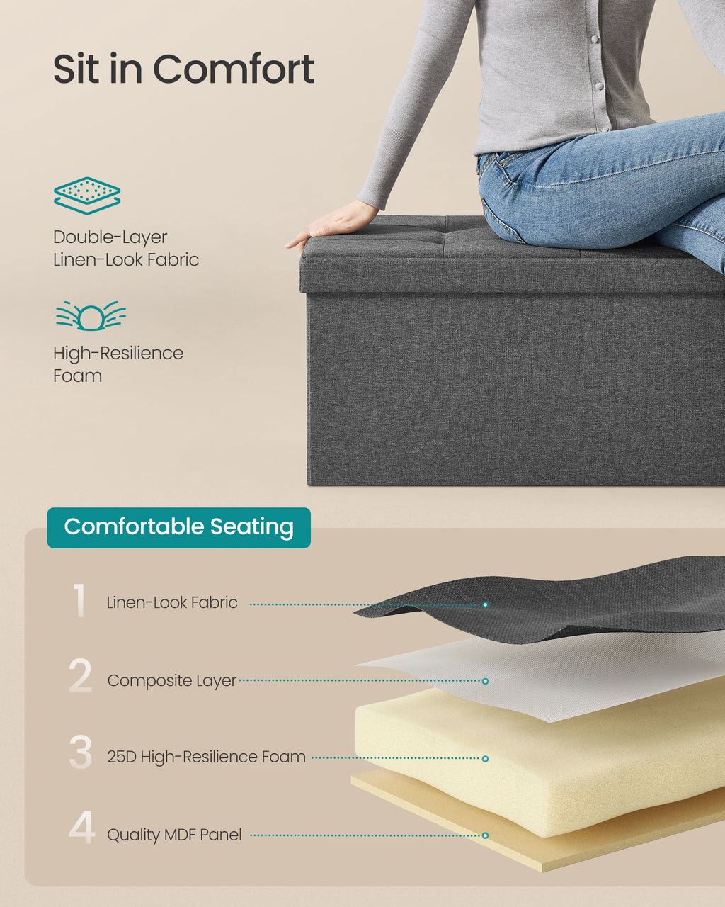 SONGMICS Mazie Collection - 43 Inches Folding Storage Ottoman Bench, Ottoman Foot Rest, End of Bed Bench, Storage Chest