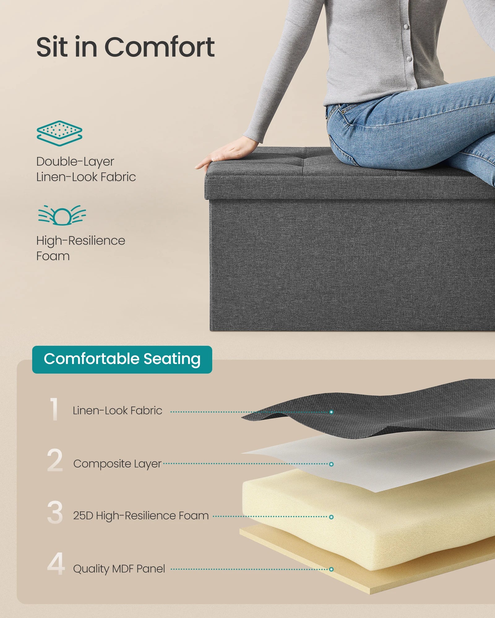 SONGMICS Mazie Collection - 43 Inches Folding Storage Ottoman Bench, Ottoman Foot Rest, End of Bed Bench, Storage Chest