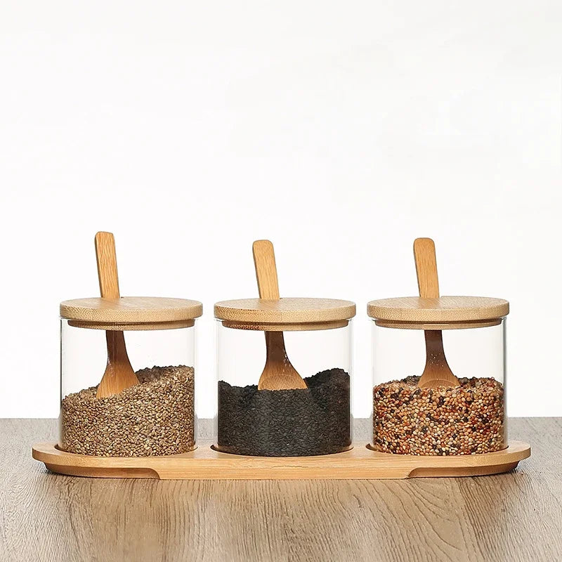 Kitchen Glass Condiment Jar Set Wood Lid with Tray Spoon Clear Seasoning Spice Salt Jar Dust-Proof Coffee Beans Organizer Bottle