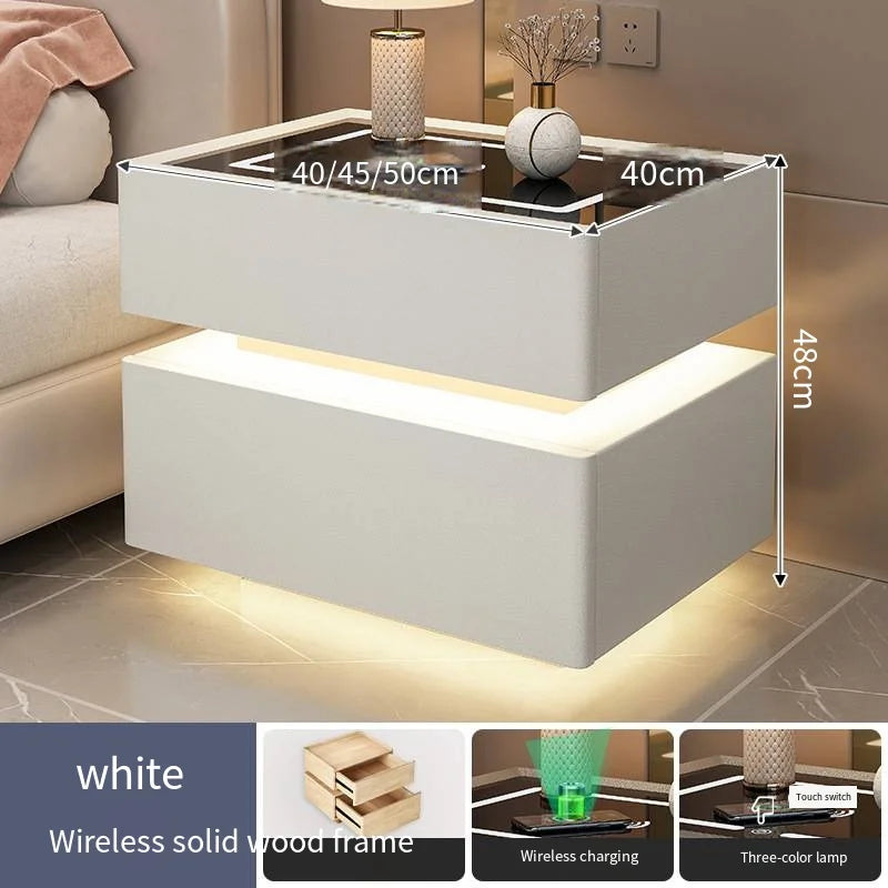 Creative 25-50cm Smart Bedside Table with Sensor Light Nordic Style Storage Cabinet Bedroom Nightstand with Wireless Charging