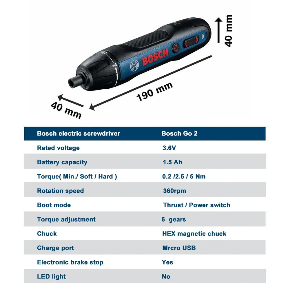 BOSCH GO2 Cordless Compact Smart Screwdriver Mini Press Type Screwdriver Rechargeable Set 3.6V Multifunctional Hand Drill