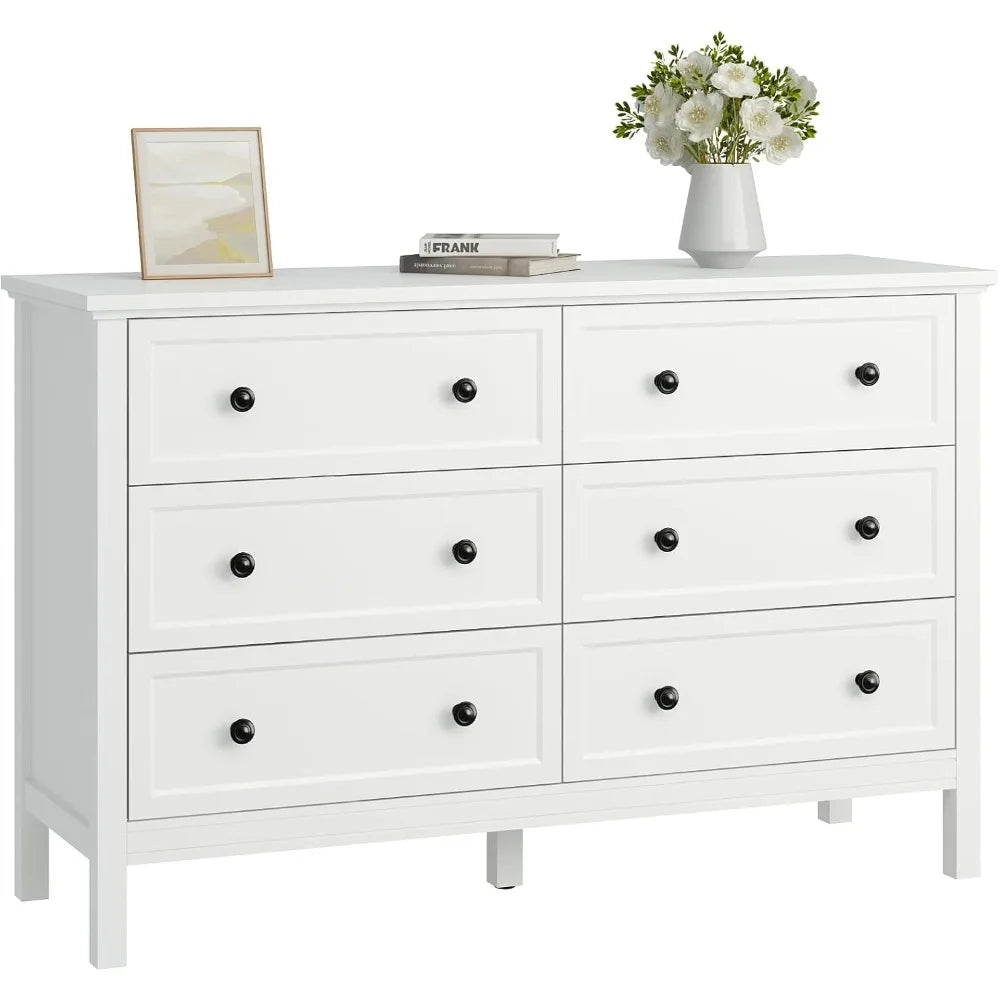 White Dresser for Bedroom, 6 Drawer Dresser with Wide Drawer and Metal Handles, Wood Dressers & Chests of Drawers for Hallway,