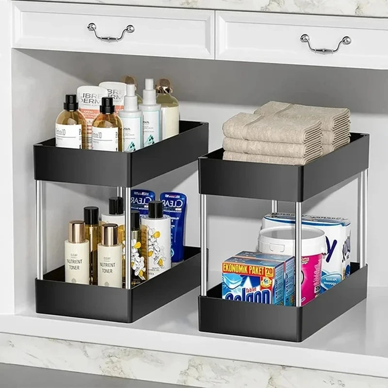 Home Household Bathroom Kitchen Under Sink Organizer 2 Tier Sliding Basket with Hooks Hanging Cup Storage Rack