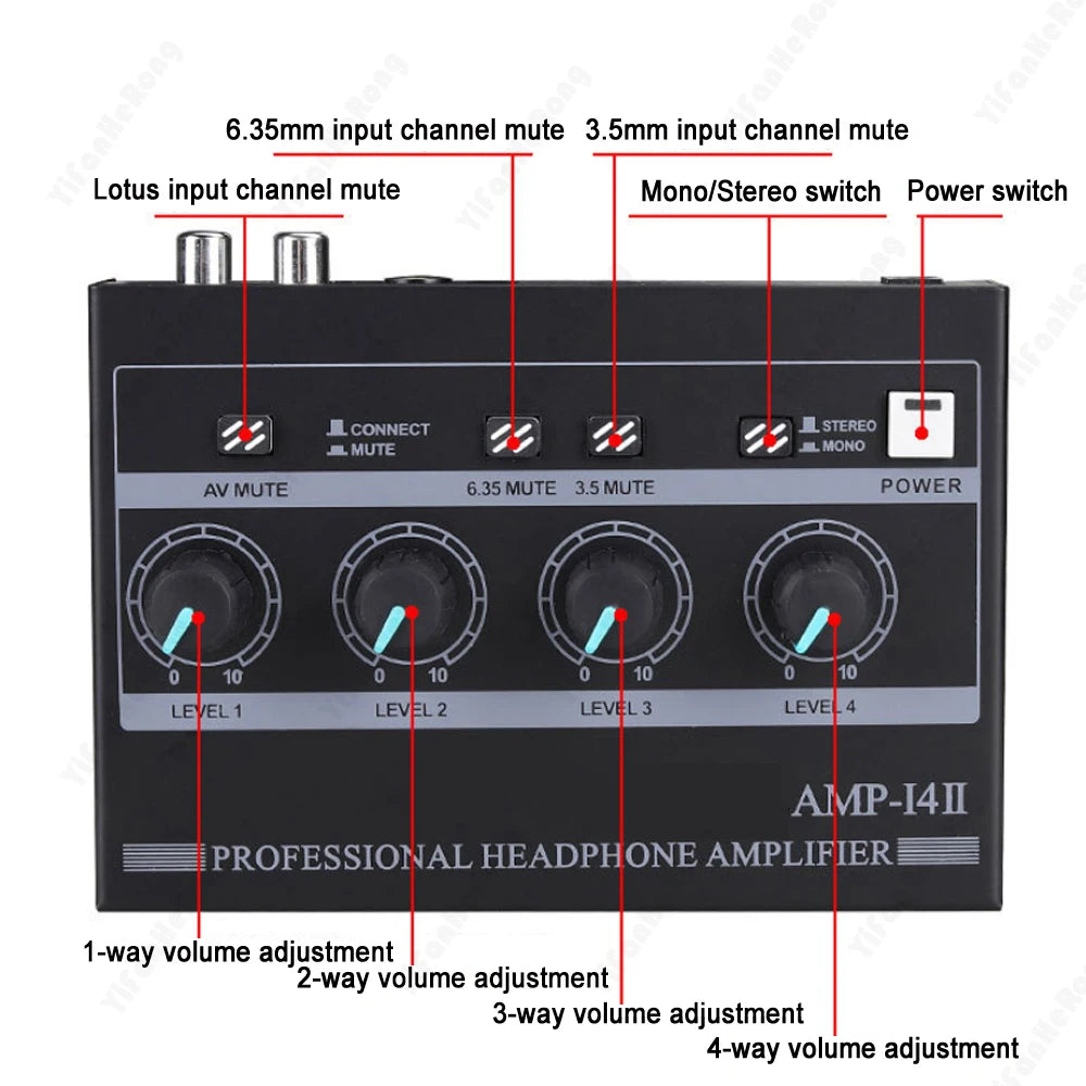 4-Channel Mono/Stereo Audio Set AMP Headphone Amplifier with RCA & 3.5mm & 6.35mm Input for Studio and Stage