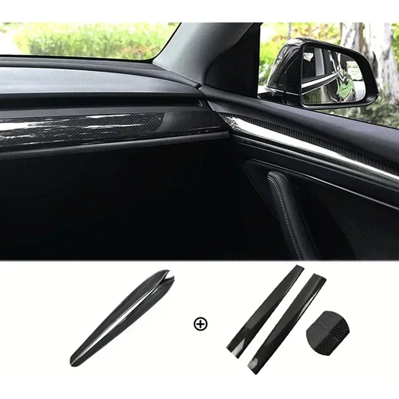 Car Door Side Trim Dashboard Cover For Tesla Model 3 Y Carbon Fiber Pattern Front Interior Dashboard Central Control Trim Strip