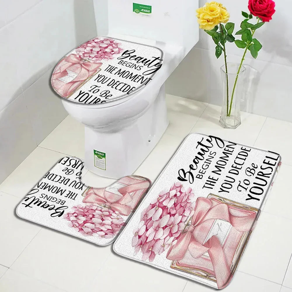 Fashion Perfume Shower Curtain Set Pink Rose Flower Modern Woman Girl Home Bathroom Decor Non Slip Rug Bath Mat Toilet Lid Cover