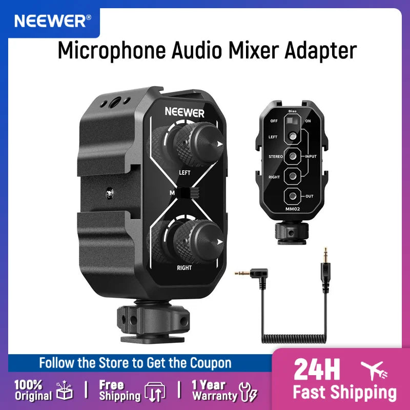 NEEWER MM02 Dual Channel Microphone Audio Mixer Adapter with 3.5mm TRS Cable Stereo/Mono Switch Cold Shoe Mounts for DSLR Phone