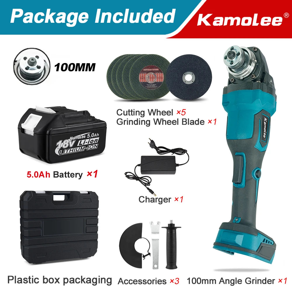 Kamolee M10 100MM 18500RPM Brushless Cordless Angle Grinder 3 Speed Cutting Power Tools Apply to 18V 21V Battery