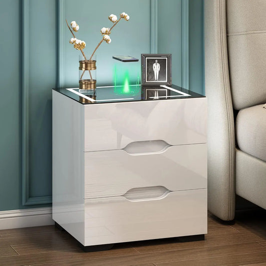 White Smart Nightstand with Wireless Charging Station & Adjustable LED Lights, High Gloss End Table with 3 Drawers & USB Chargin