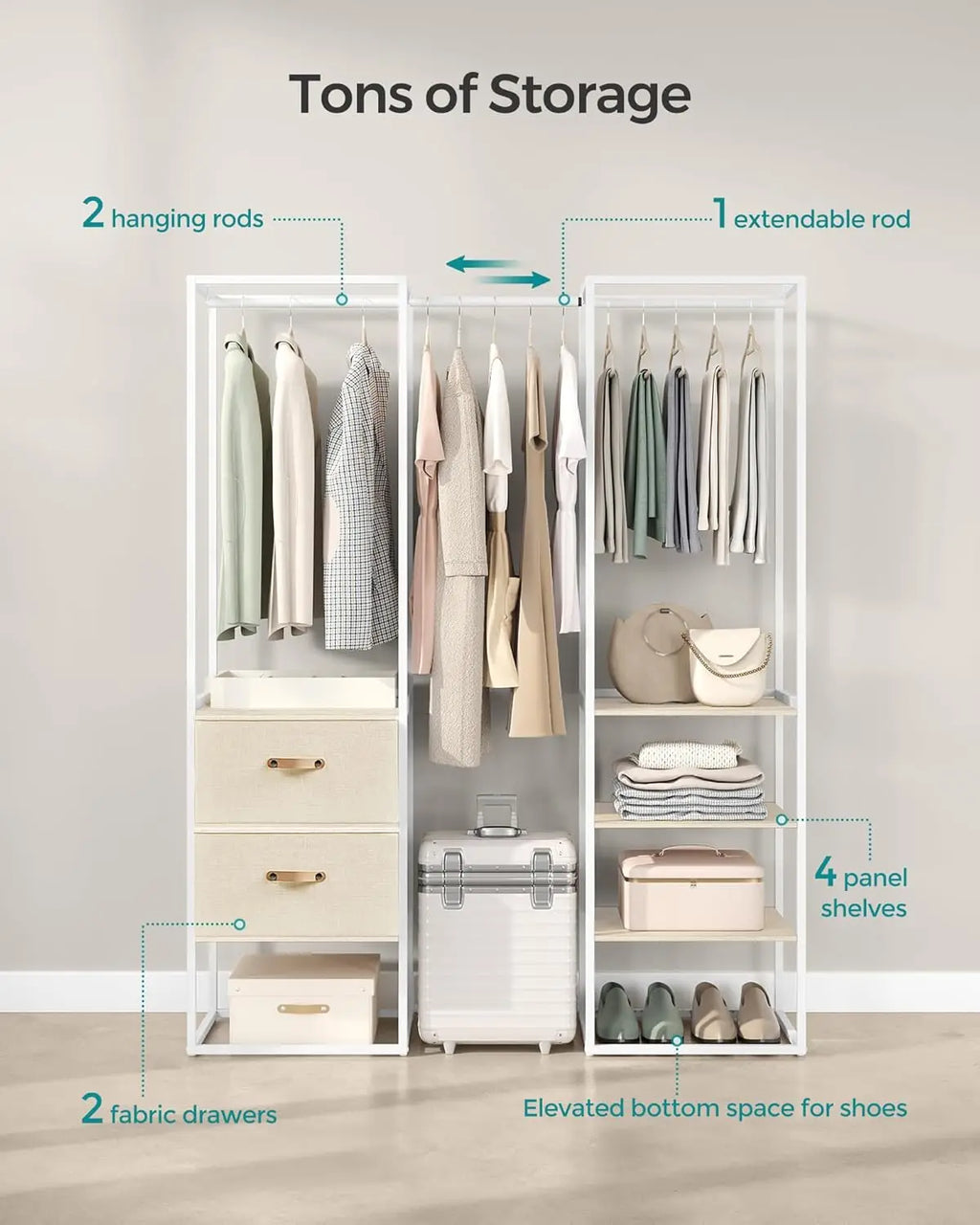 Songmics Clothes Rack, 70.9 Inch Wardrobe Freestanding Closet, Heavy Duty Garment Rack With 1 Extendable Hanging Rod, 2 Drawers