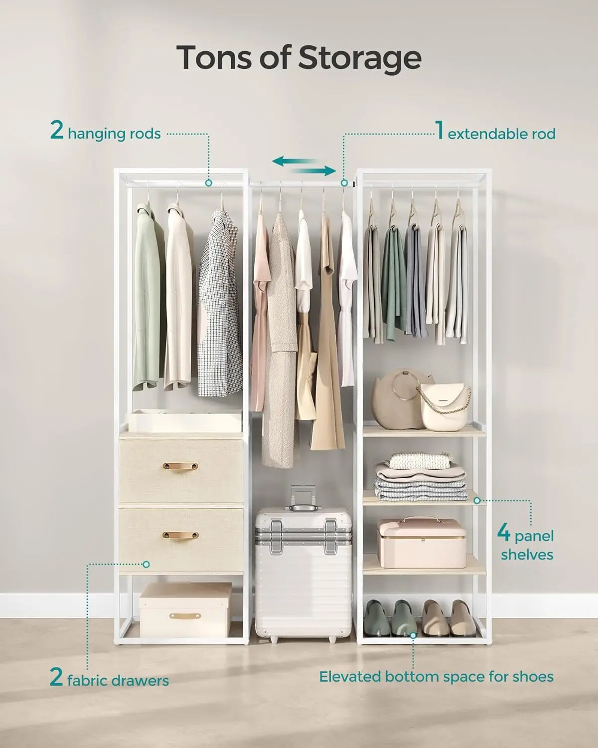 Songmics Clothes Rack, 70.9 Inch Wardrobe Freestanding Closet, Heavy Duty Garment Rack With 1 Extendable Hanging Rod, 2 Drawers