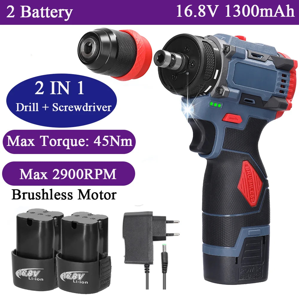 21V 2in1 Lithium Drill Electric Screwdriver Power Tool 55Nm Torque Brushless Motor Practical Screw Driver for Home Appliances