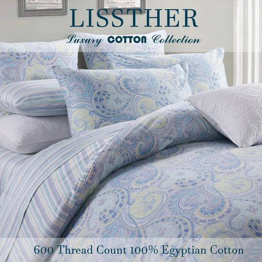 3pcs 600TC 100% Egyptian Cotton Duvet Cover Set, Vintage Blue Damask Paisley, Soft Skin-Friendly (No Inserts)