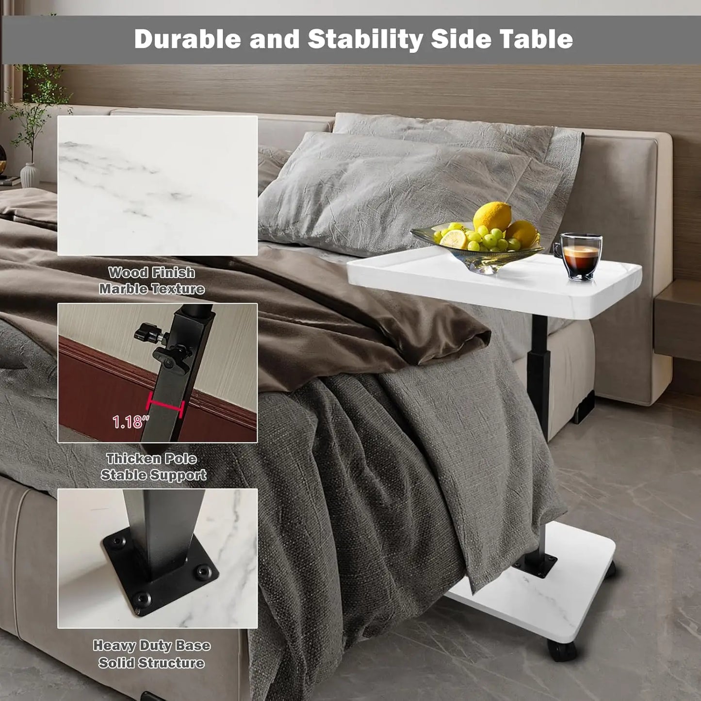 Height Adjustable Couch Side 360 Rotatable Sofa Tray Table Stable Sofa Side Table Home Bedroom Office Movable Coffee Tea Table