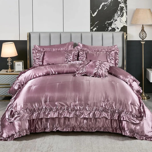 8 Pieces Silk Like Satin Comforter Set, Queen Size Bean with Sheet Set Farmhouse Shabby Chic, Bedding Comforter Set