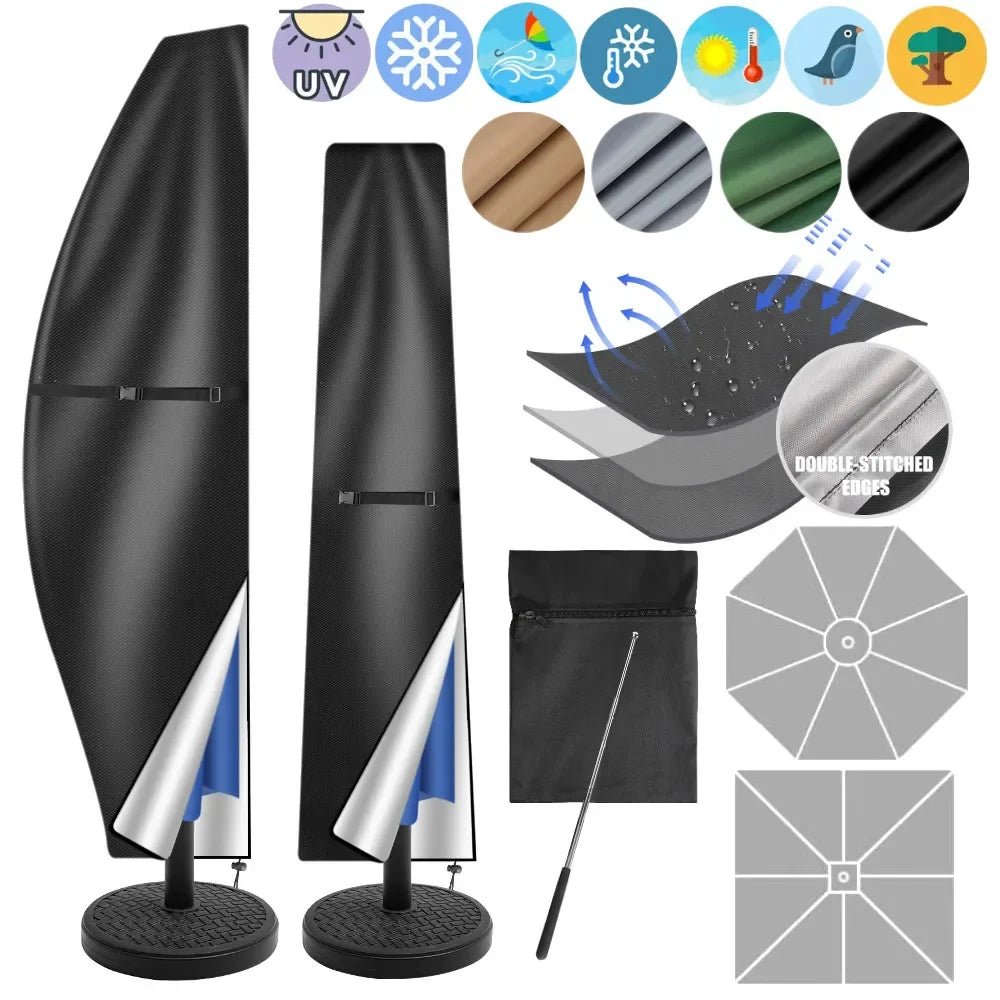 Waterproof Parasol Cover with Rod Cantilever Parasol Protective Cover Snowproof UV-Anti Wind/Weatherproof Umbrella Covers