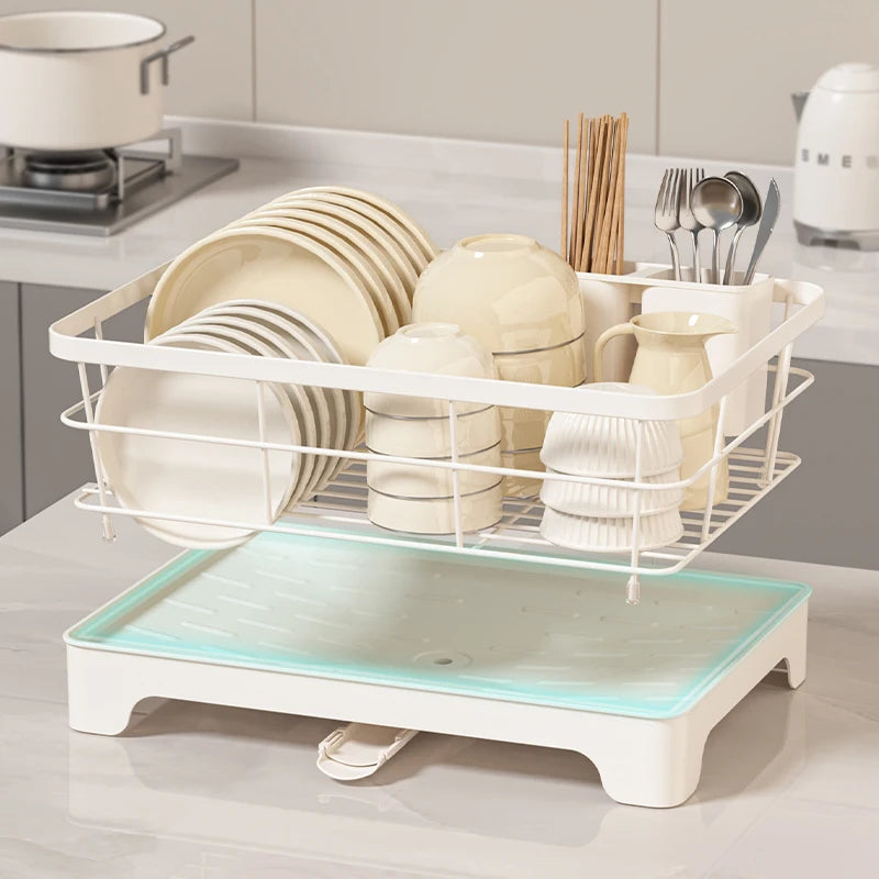 Compact Japanese Kitchen Dish Drainer Steel Dish Rack with Removable Plate Utensil Holder And Dual-Layer Chopstick Holder
