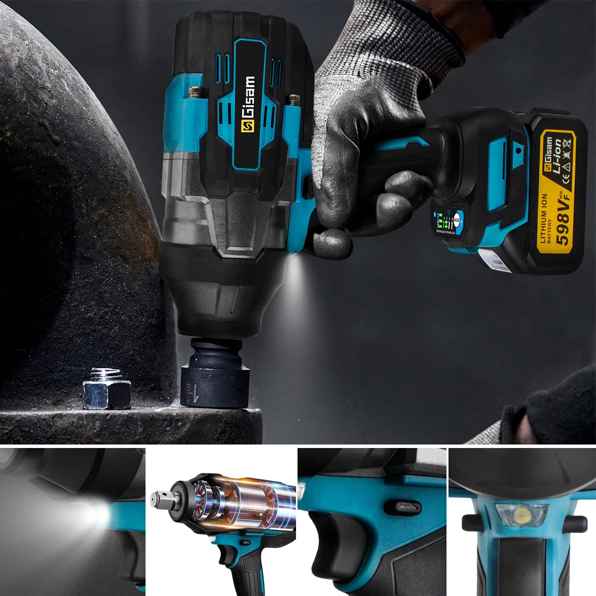 Gisam 3100N.M Torque Brushless Electric Impact Wrench 3/4 inch Cordless Electric Wrench Power Tools for Makita 18V Battery Pin