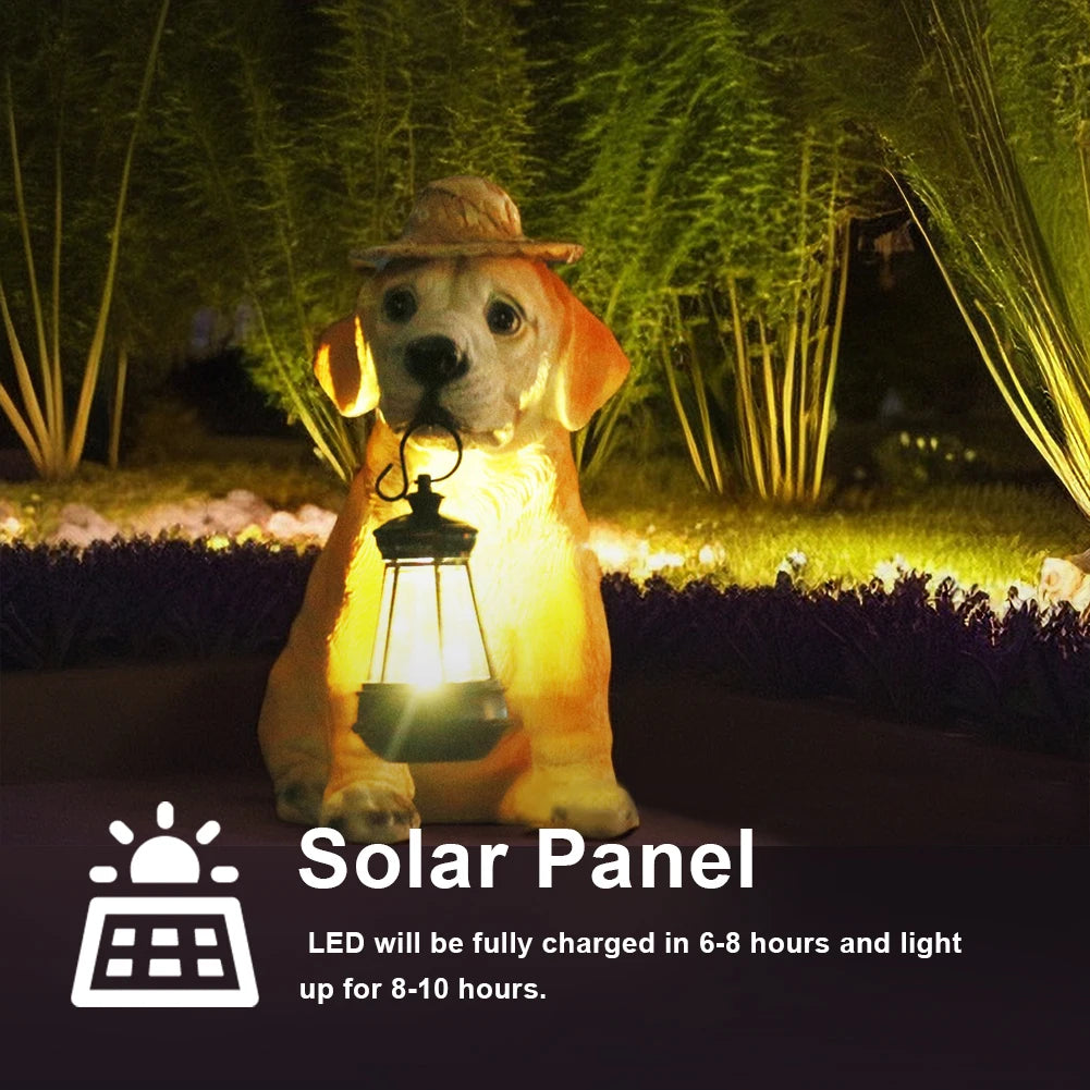 Resin Garden Dog Statues with Straw Hat and Solar LED Lantern Adorable Dog Figurines Puppy Decorations Dog Statue Outdoor Decor