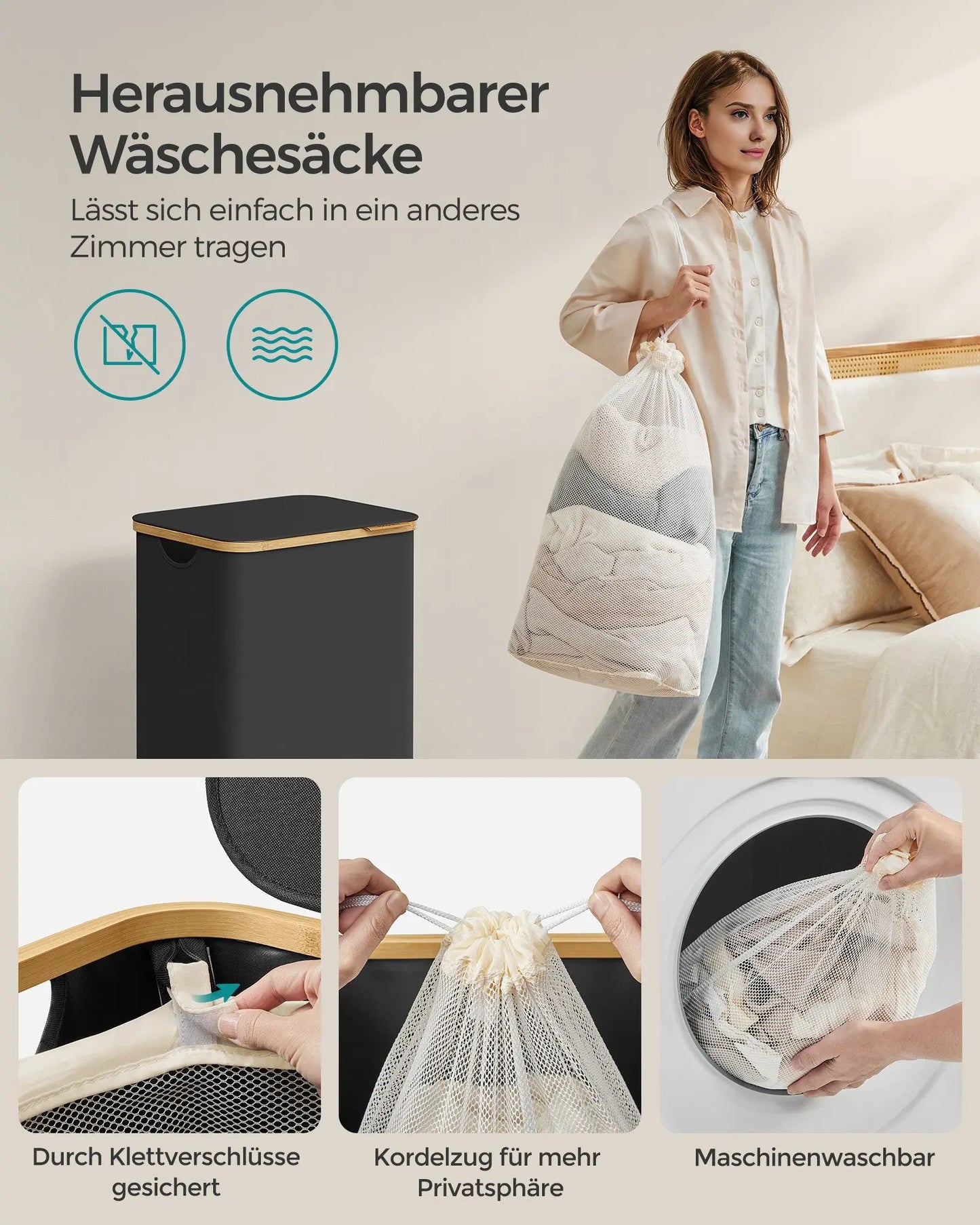 SONGMICS laundry basket with Lid Laundry Collector 90 L Removable Laundry Bag Oxford Fabric Bamboo Handles