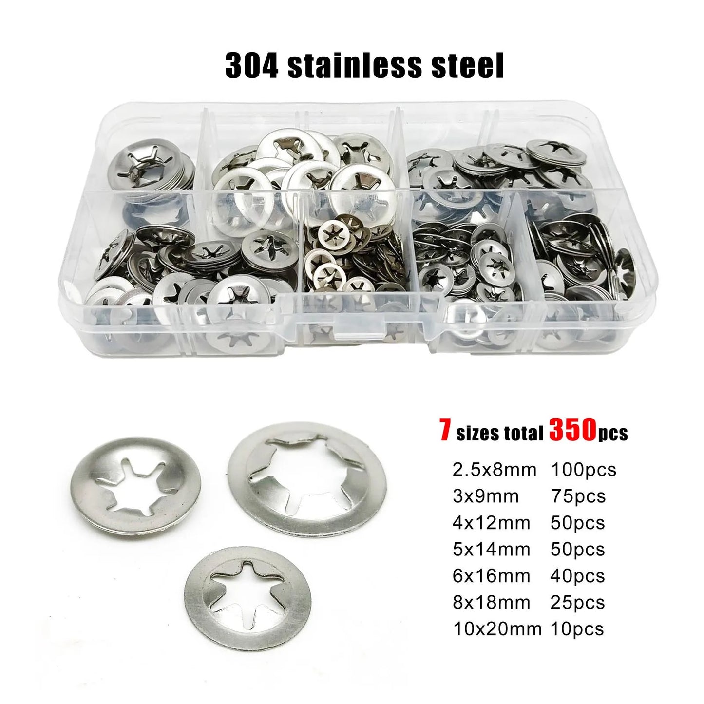 350pcs/box Mix M2.5-M10 External Circlip Self-Lock Retaining Clip Shaft Bearing Snap Ring Kit Set Black 65mn 304 Stainless Steel
