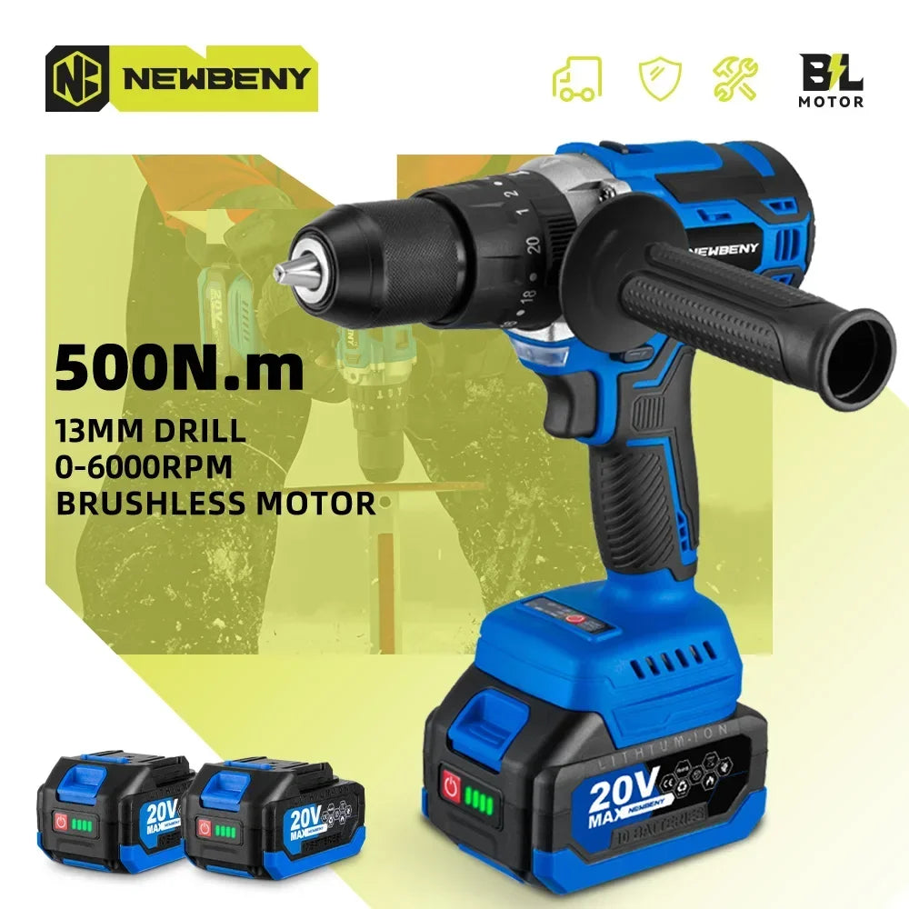 NEWBENY 500Nm 13MM Brushless Electric Drill 20+3 Torque Cordless Electric Screwdriver Power Tools For Makita 18V Battery Pin