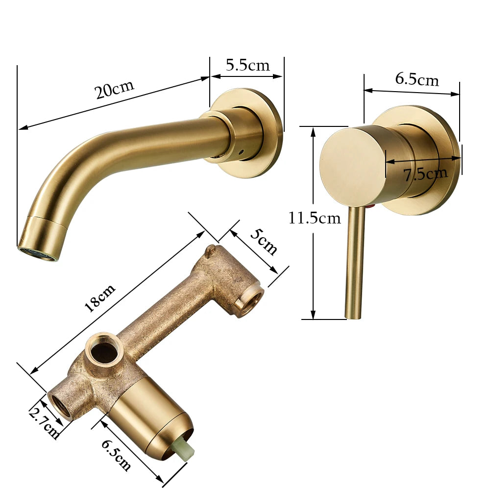 Bathroom Basin Faucet Brushed Golden Concealed Wall Mounted Faucet Tap 360 Rotation Single Handle Hot Cold Water Bath Mixer Tap