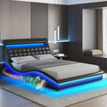 Vabches Full Size Bed Frame with Wave-Like Curve Design PU Leather Upholstered Platform Bed Frame w Charging Station&LED Lights