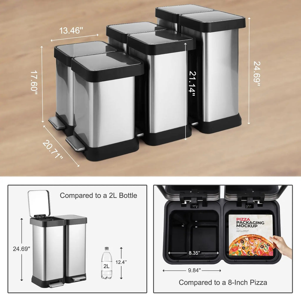 2-Compartment Kitchen Trash Can, 2x25L Stainless Steel Pedal Bin