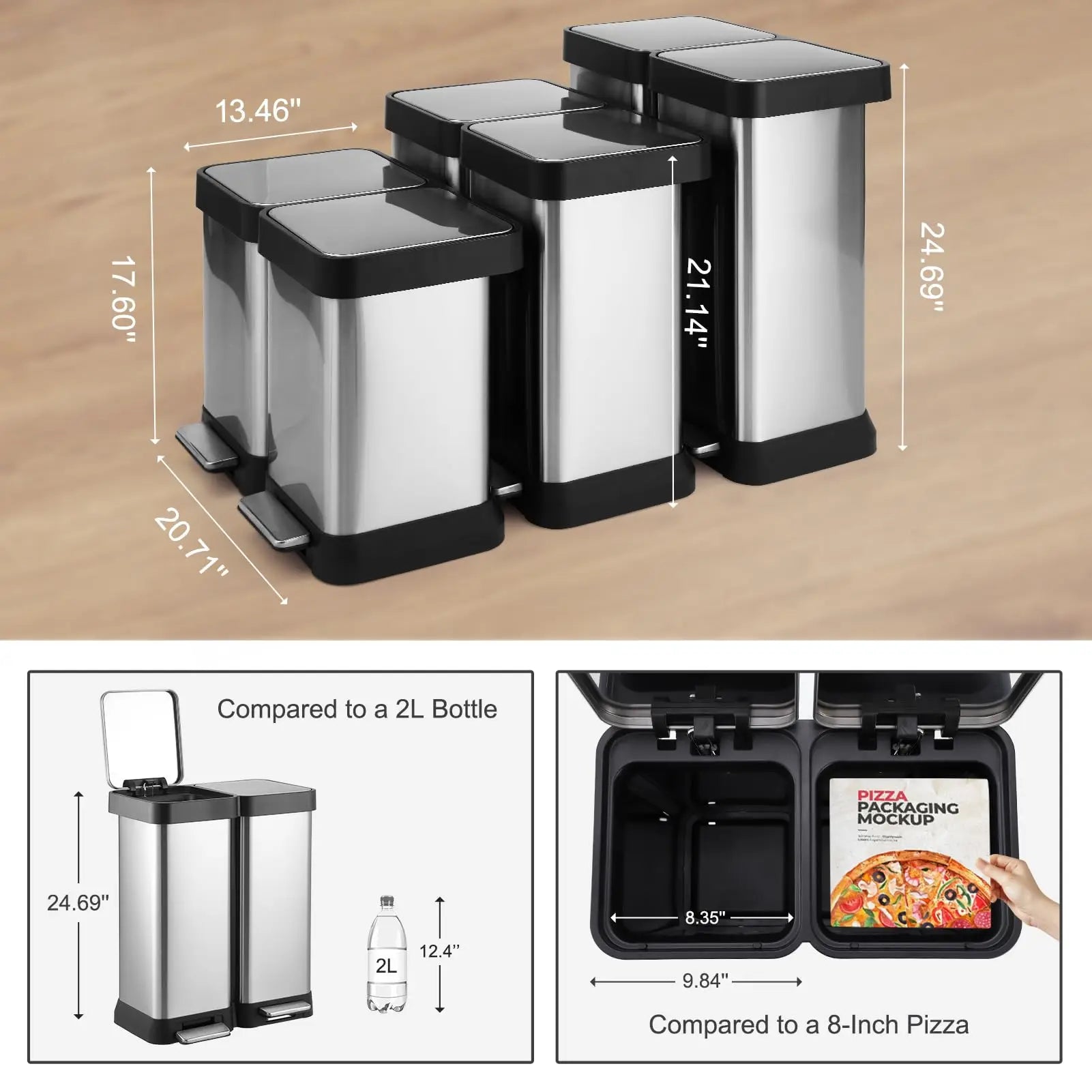2-Compartment Kitchen Trash Can, 2x25L Stainless Steel Pedal Bin