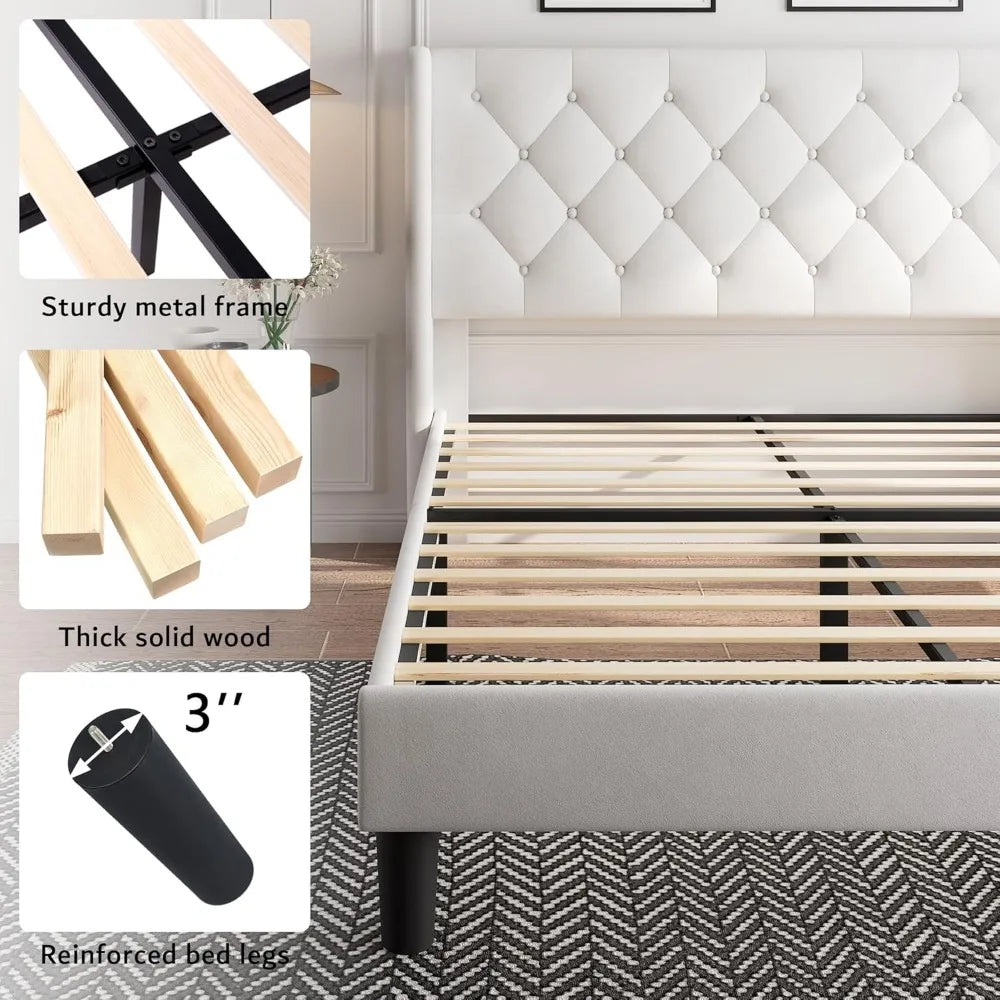 Velvet Platform Bed Frame with Button Tufted Headboard, Upholstered Bed Frame with Solid Wooden Slats, 8" Underbed Space