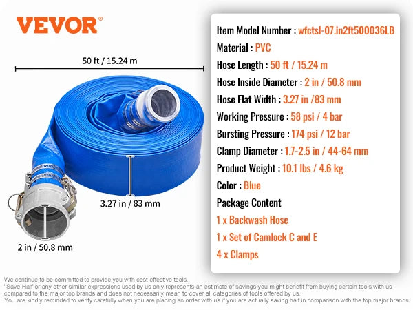 VEVOR Pool Drain Hose 2 inch by 50ft Durable PVC Material Includes Clamps, Fits Pumps&Sand Filters, Ideal for Pool Water Removal