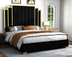 King Size Platform Bed Frame, 65" Velvet Upholstered Bed with Gold Trim Headboard/Wooden Slats/No Box Spring Needed/Black