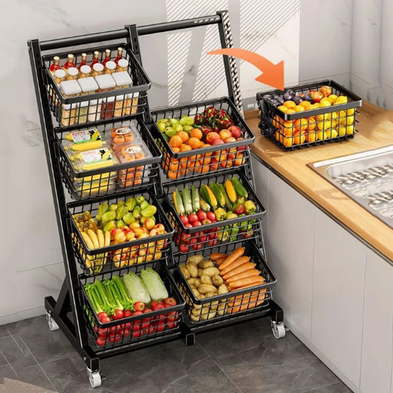 Kitchen Storage Rack Floor Multi-layer Multi-functional Storage Vegetable Basket Living Room Snack Storage Rack with Wheels