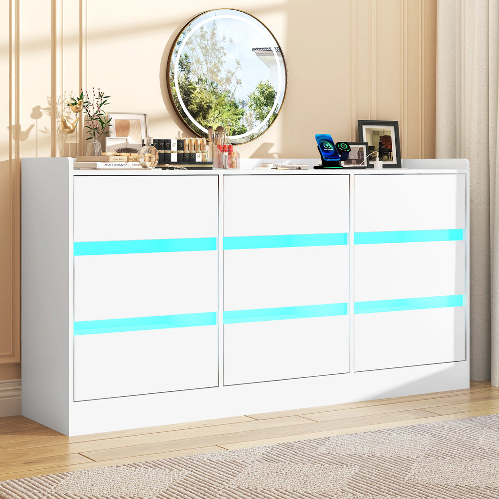 9 Drawer Dresser with Power Outlet & LED Light, Modern Chest of Drawers for Closet, 63" Drawer Organizer Cabinet for Bedroom