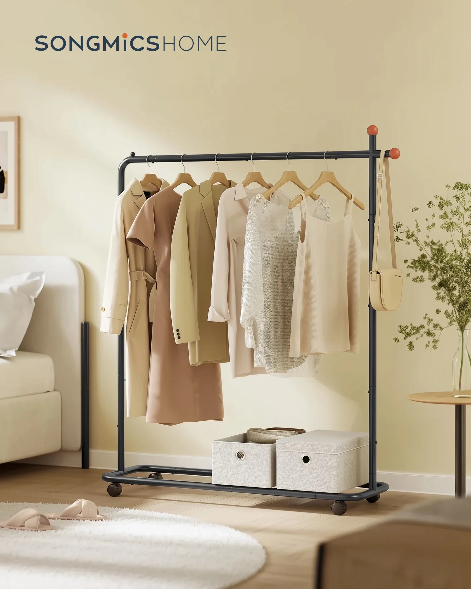 SONGMICS HOME Clothes Rack, Clothing Rack on Wheels, Portable Garment Rack, with 1 Clothes Hanging Rail, Matchstick-Shaped Hooks