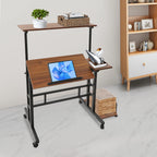 Height Adjustable 67-115CM Double Board Foldable Small Desk, Simple Office Multifunctional Computer Desk, Walnut Color